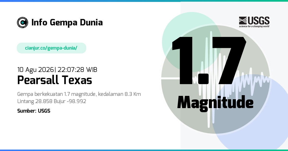 Gempa Pearsall Texas 1.7 M 10 Agu 2026 - 15:07:28 WIB