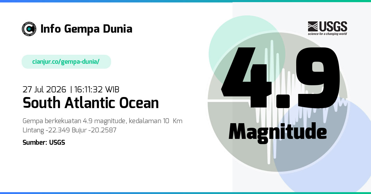 Gempa South Atlantic Ocean 4.9 M 27 Jul 2026 - 09:11:32 WIB