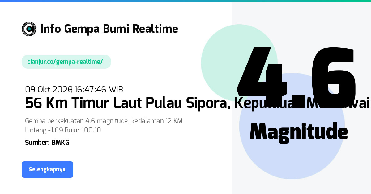 Gempa Southern Sumatra, Sumatera Barat - 09 Okt 2026 16:47:46 WIB