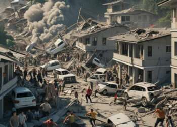 ilustrasi gempa ai disebuah perkampungan padat penduduk