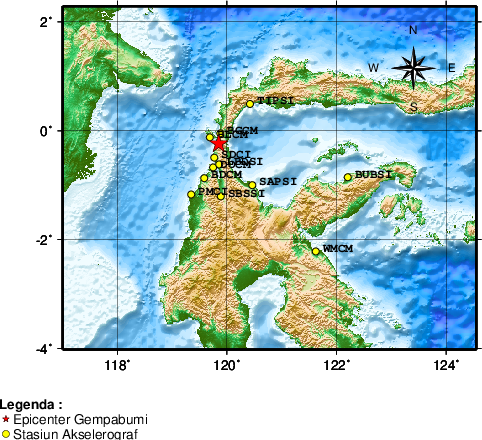 Pusat gempa berada di darat 21 km utara Donggala